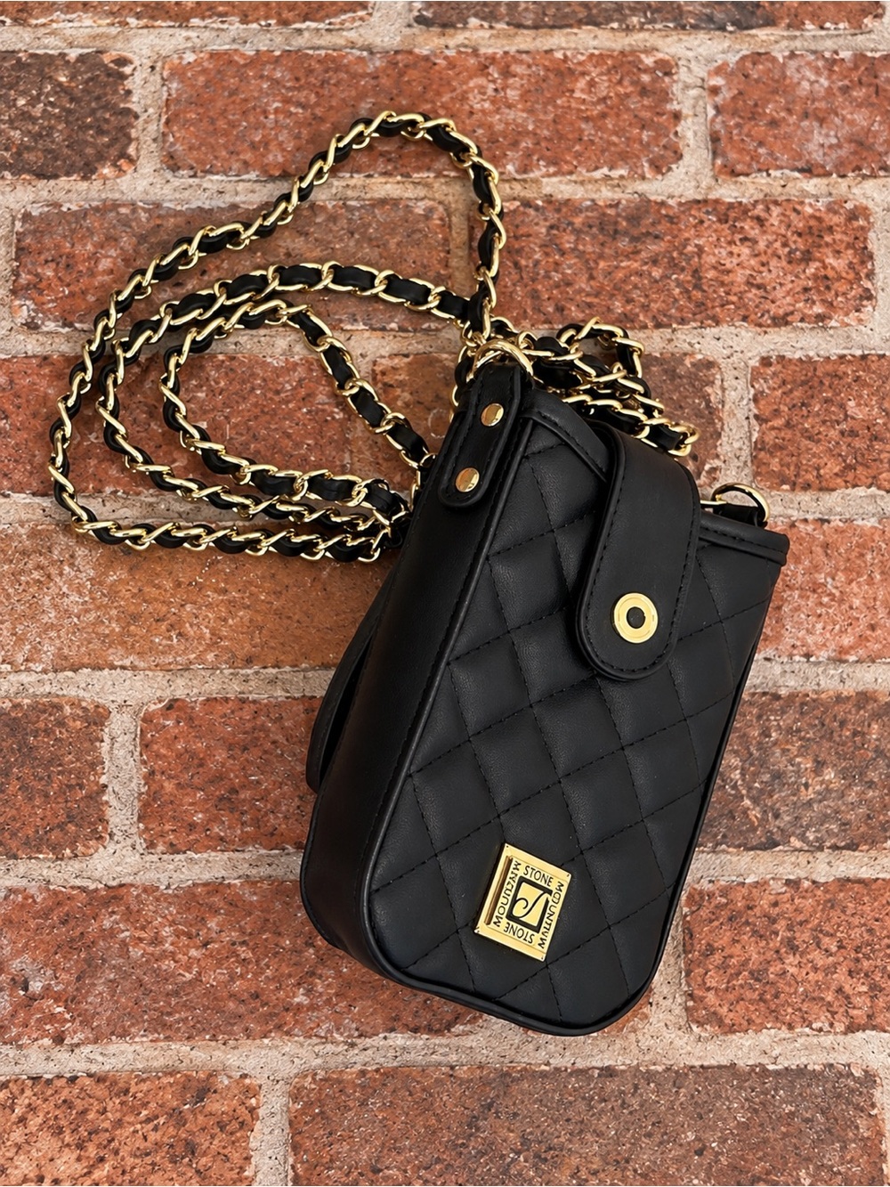Stone Mountain Black Quilted Phone Purse Gold Chain Purse